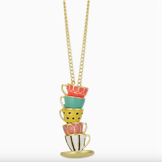 Pastel Mad Hatter Stacked Teacup Gold Necklace