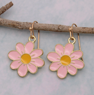 Pink Daisy Enamel Gold Earrings-FINAL SALE