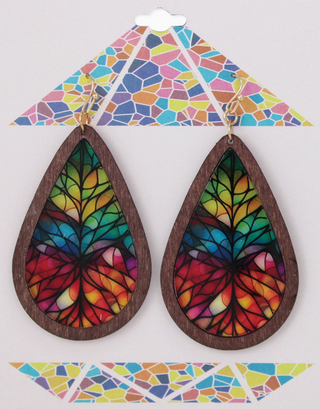 Rainbow Stained Glass Print Wood Earrings