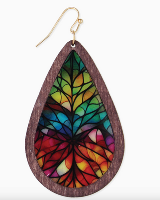 Rainbow Stained Glass Print Wood Earrings