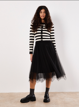 Striped Faux Cardigan Tulle Skirt Dress