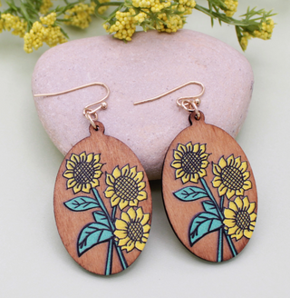 Wood Sunflower Sketch Oval Earrings