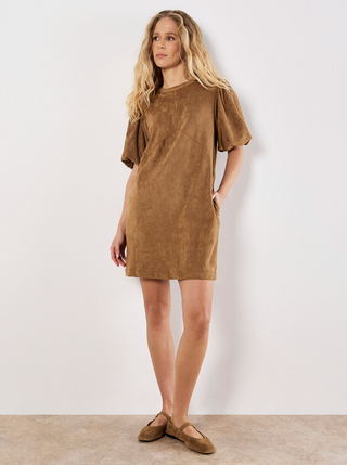 Puff Sleeve Suede Shift Mini Dress