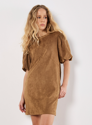 Puff Sleeve Suede Shift Mini Dress