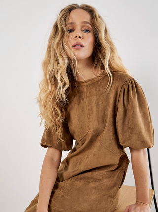 Puff Sleeve Suede Shift Mini Dress