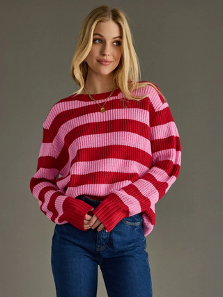 Pink & Red Striped Ribbed Sweater