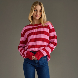 Pink & Red Striped Ribbed Sweater