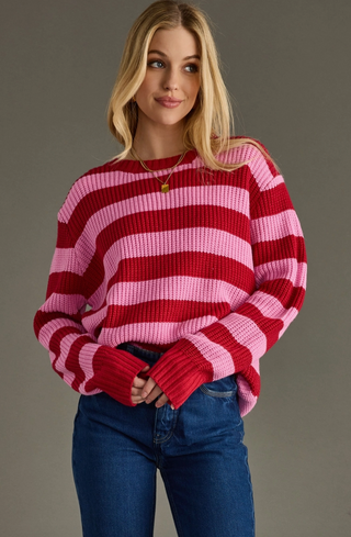 Pink & Red Striped Ribbed Sweater
