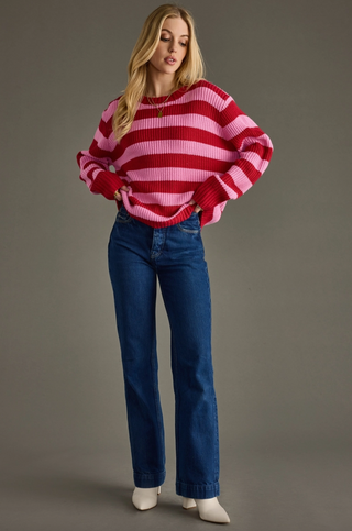 Pink & Red Striped Ribbed Sweater