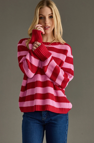 Pink & Red Striped Ribbed Sweater