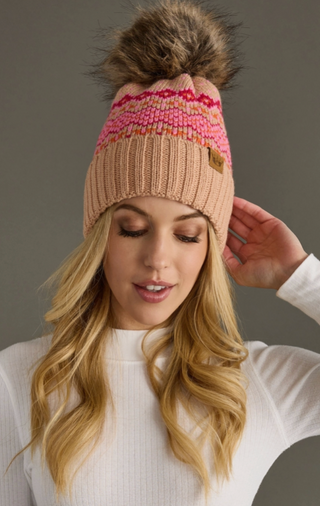 Diamond Patterned Fleece Lined Knit Pom Pom Hat