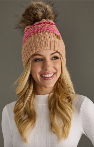 Diamond Patterned Fleece Lined Knit Pom Pom Hat