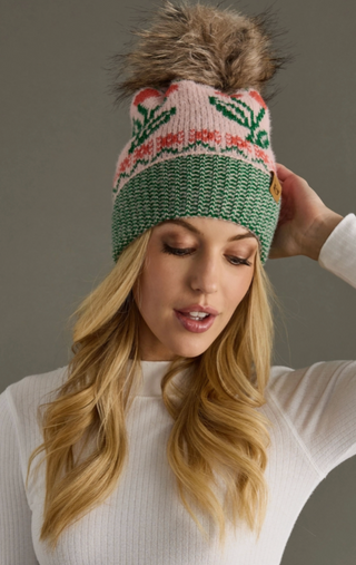 Cherry Patterned Fleece Lined Knit Pom Pom Hat