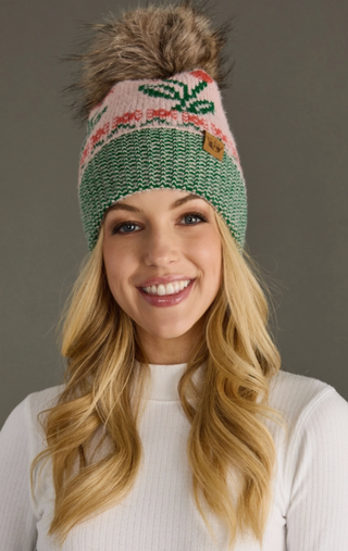 Cherry Patterned Fleece Lined Knit Pom Pom Hat