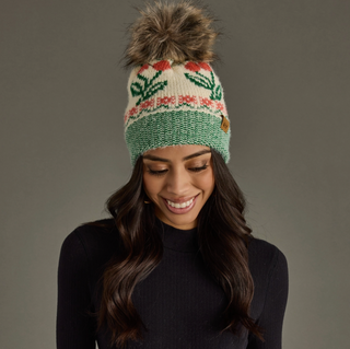 Cherry Patterned Fleece Lined Knit Pom Pom Hat