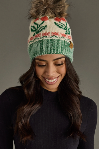 Cherry Patterned Fleece Lined Knit Pom Pom Hat