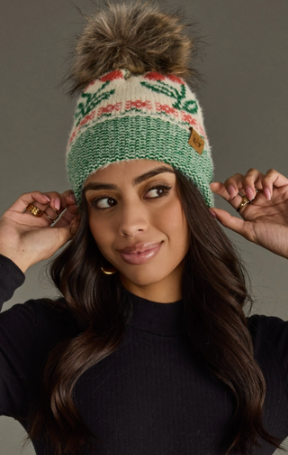 Cherry Patterned Fleece Lined Knit Pom Pom Hat