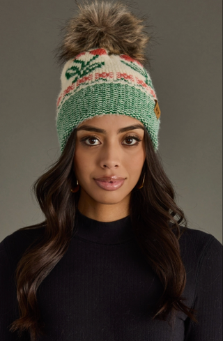 Cherry Patterned Fleece Lined Knit Pom Pom Hat