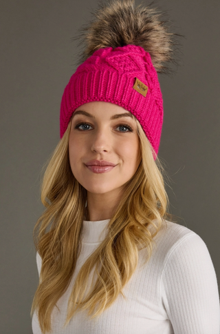 Cable Knit Fleece Lined Knit Pom Pom Hat