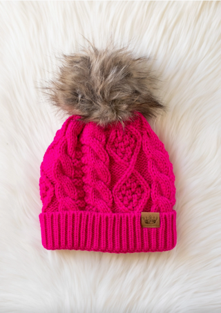 Cable Knit Fleece Lined Knit Pom Pom Hat