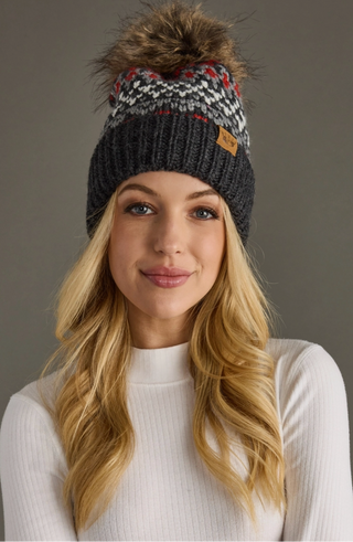 Winter Patterned Fleece Lined Knit Pom Pom Hat