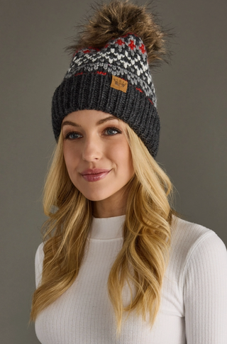 Winter Patterned Fleece Lined Knit Pom Pom Hat