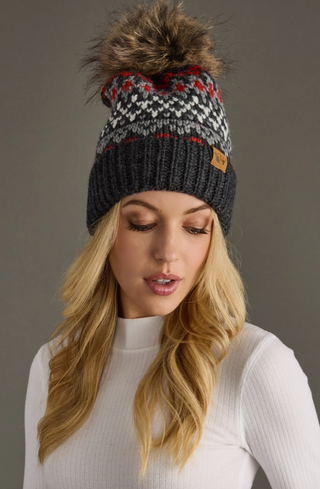 Winter Patterned Fleece Lined Knit Pom Pom Hat