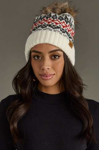 Winter Patterned Fleece Lined Knit Pom Pom Hat