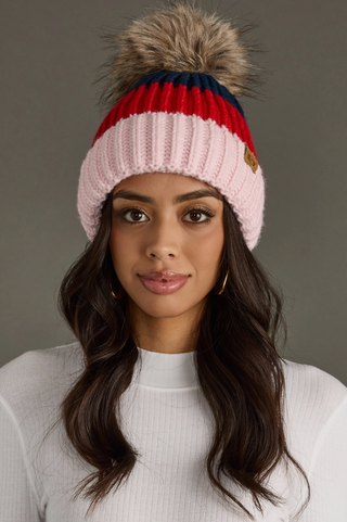 Colorblock Ribbed Fleece Lined Knit Pom Pom Hat
