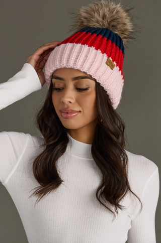 Colorblock Ribbed Fleece Lined Knit Pom Pom Hat