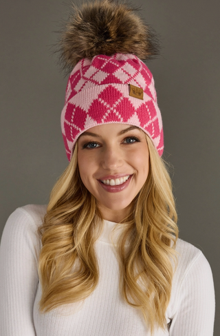 Argyle Patterned Fleece Lined Knit Pom Pom Hat