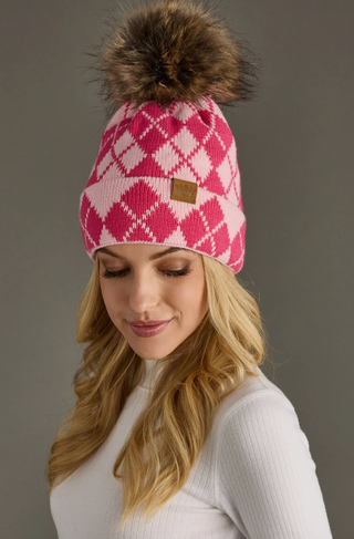 Argyle Patterned Fleece Lined Knit Pom Pom Hat