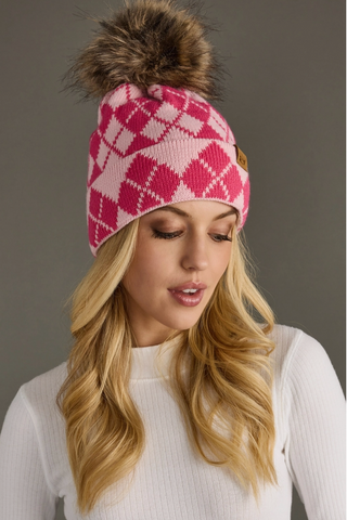 Argyle Patterned Fleece Lined Knit Pom Pom Hat