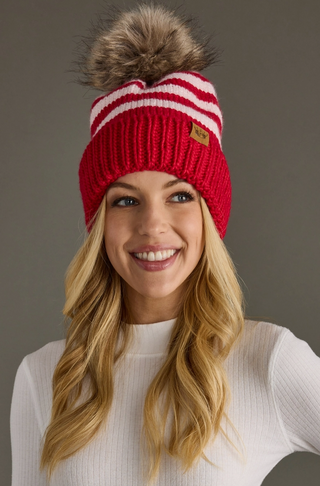 Rib Stripe Fleece Lined Knit Pom Pom Hat