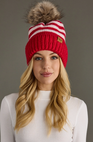 Rib Stripe Fleece Lined Knit Pom Pom Hat