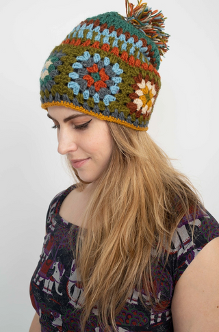 Crochet Square Knit Pom Pom Hat