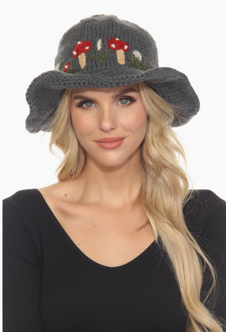 Embroidered Mushroom Knit Hat With Brim
