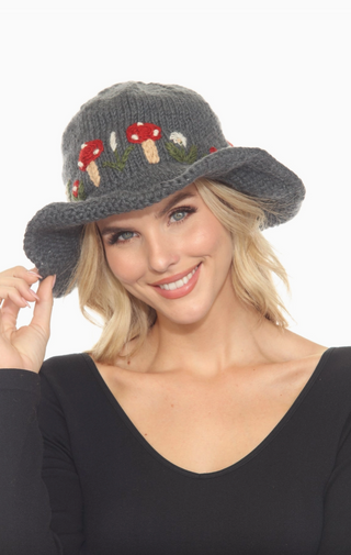 Embroidered Mushroom Knit Hat With Brim