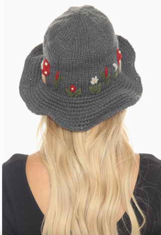 Embroidered Mushroom Knit Hat With Brim