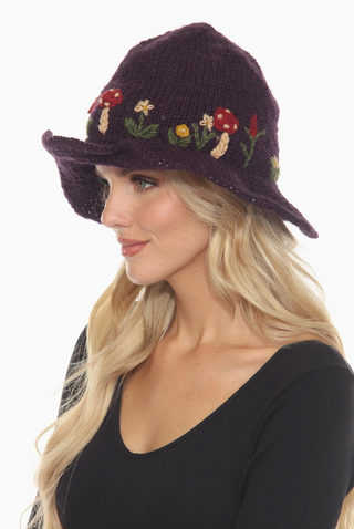 Embroidered Mushroom Knit Hat With Brim