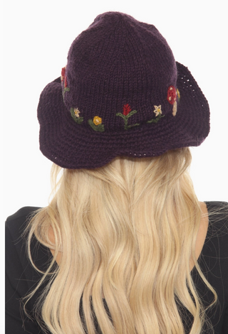 Embroidered Mushroom Knit Hat With Brim