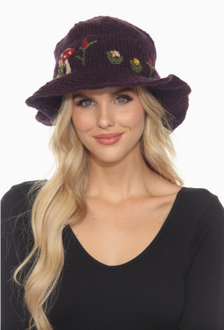 Embroidered Mushroom Knit Hat With Brim