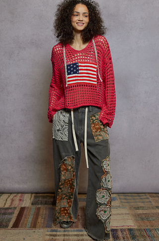 American Flag Open Weave Knit Hoodie