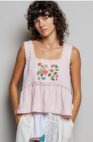 Gauze Floral Patch Tank Top