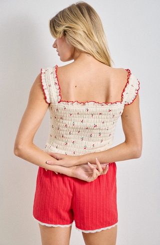 Cherry Print Smocked Sleeveless Top