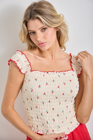 Cherry Print Smocked Sleeveless Top