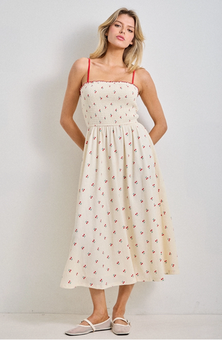 Cherry Print Smocked Bodice Midi Dress