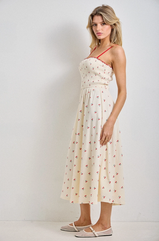 Cherry Print Smocked Bodice Midi Dress
