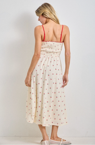 Cherry Print Smocked Bodice Midi Dress