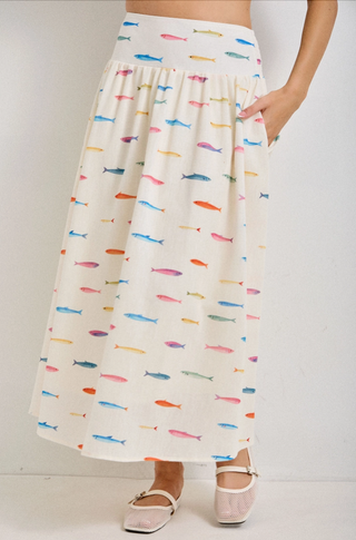 Multi-Colored Fish Print Midi Skirt